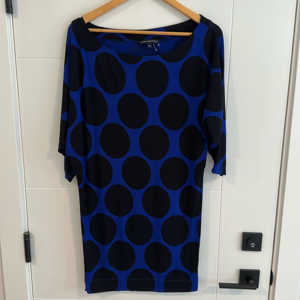 Vintage French Connection UK -,Bat sleeve Blue and Black Pocadot Dress Medium